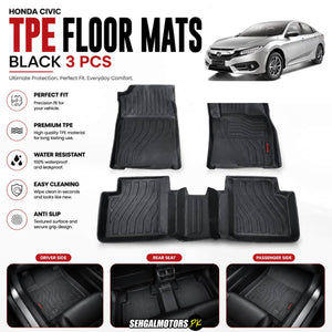 Honda Civic TPE Floor Mats Black 3 Pcs 2016 - 2021