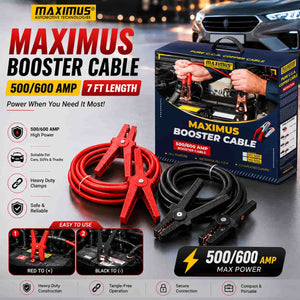 Maximus Booster Cable 500/600 AMP - 7 FT Length - Emergency Battery Booster Jump Starter - Pure CCA Copper Coated