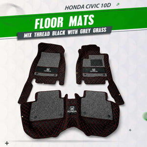 Honda Civic 10D Floor Mats -Mix Thread Black With Grey Grass 3 Pcs 2022 - 2026 - - With Logo