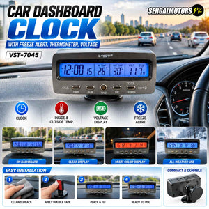 Car Dashboard Clock with Freeze Alert, Thermometer, Voltage – VST-7045