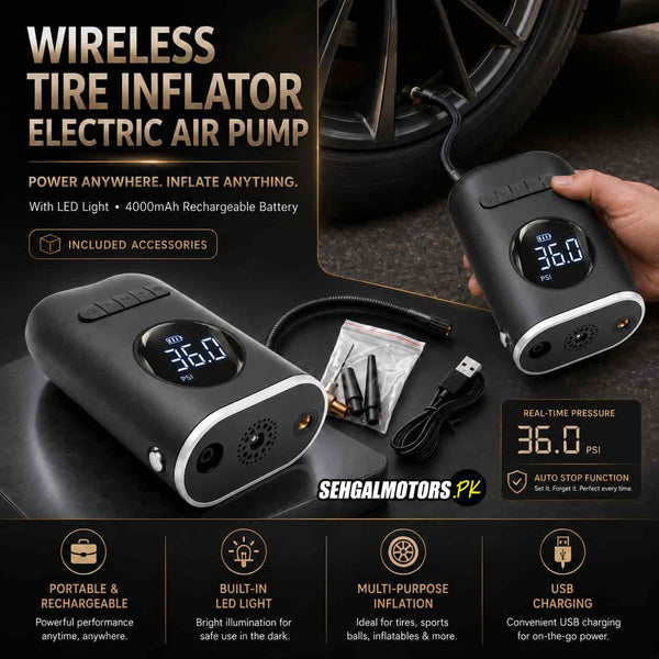 Wireless portable tyre inflator with digital display and 4000mAh battery from SehgalMotors.pk