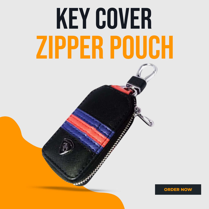 Proton Zipper Jeans Key Cover Pouch Black With Red Blue Strip Keychain Ring
