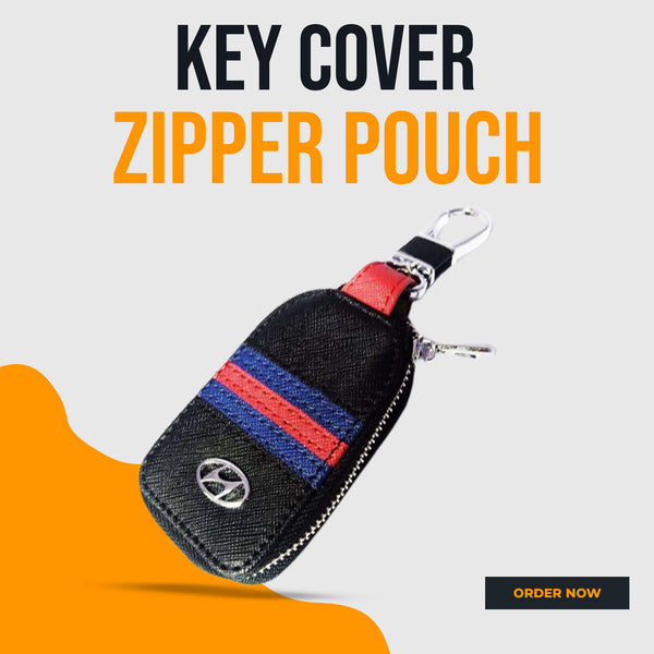 Hyundai Zipper Jeans Key Cover Pouch Black With Red Blue Strip Keychain Ring