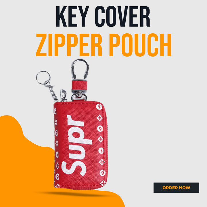 Supreme Zipper Matte Leather Key Cover Pouch Red with Keychain Ring