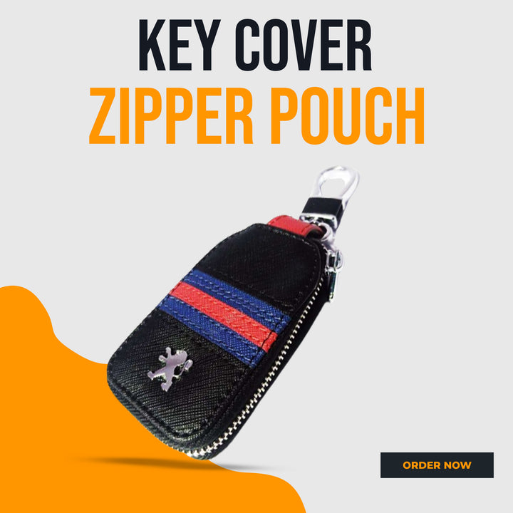 Peugeot Zipper Jeans Key Cover Pouch Black With Red Blue Strip Keychain Ring