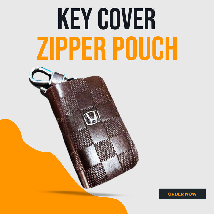 Honda Embossed Zipper Glossy Leather Key Cover Pouch Brown with Keychain Ring