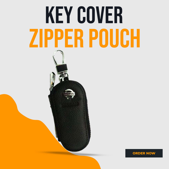 Nissan Zipper Matte Leather Key Cover Pouch Black with Keychain Ring