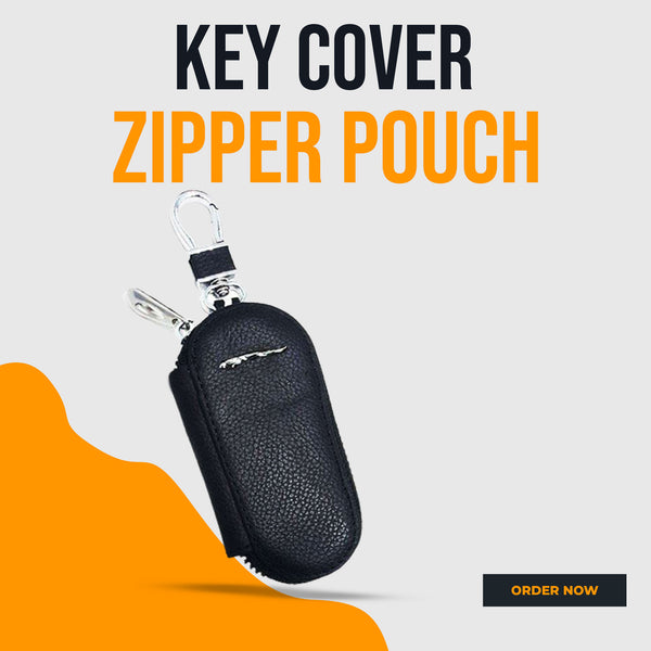 Jaguar Zipper Matte Leather Key Cover Pouch Black with Keychain Ring