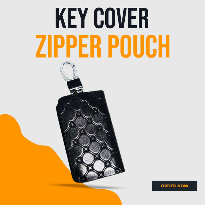 Universal Diamond Style Zipper Matte Leather Key Cover Pouch Black with Keychain Ring