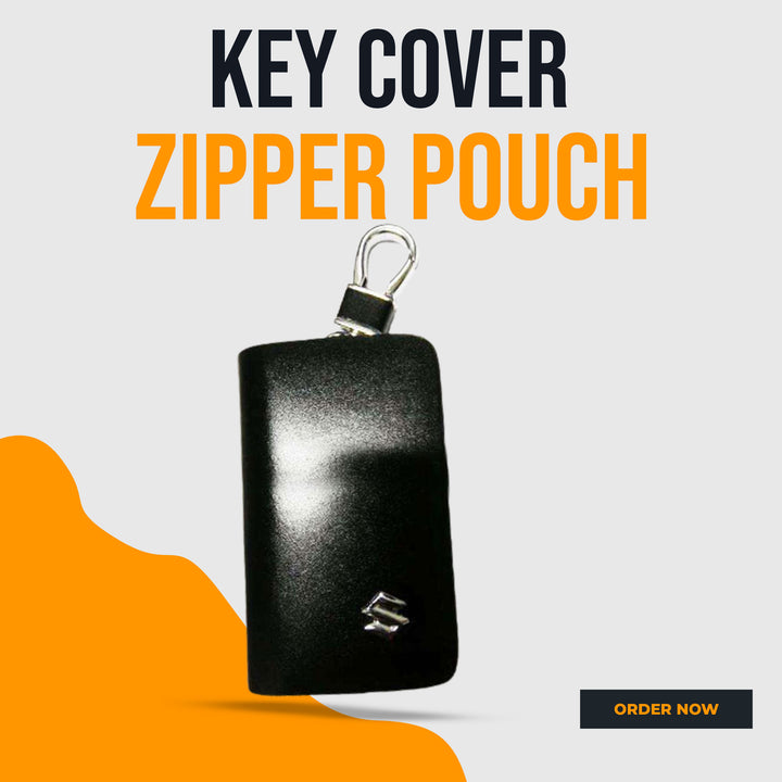 Suzuki Zipper Glossy Leather Key Cover Pouch Black with Keychain Ring