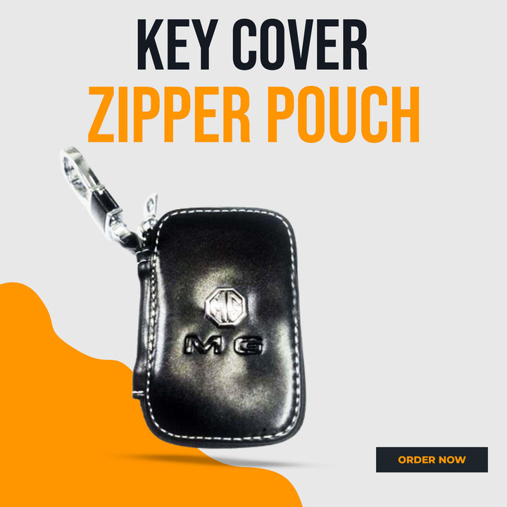 MG Zipper Glossy Leather Key Cover Pouch Black with Keychain Ring - Multi Stitch