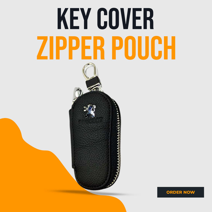 Peugeot Zipper Matte Leather Key Cover Pouch Black with Keychain Ring