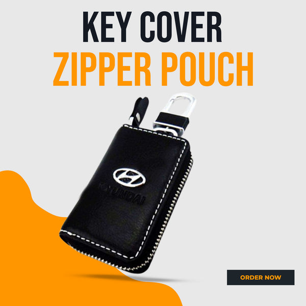 Hyundai Zipper Matte Leather Key Cover Pouch Black with Keychain Ring