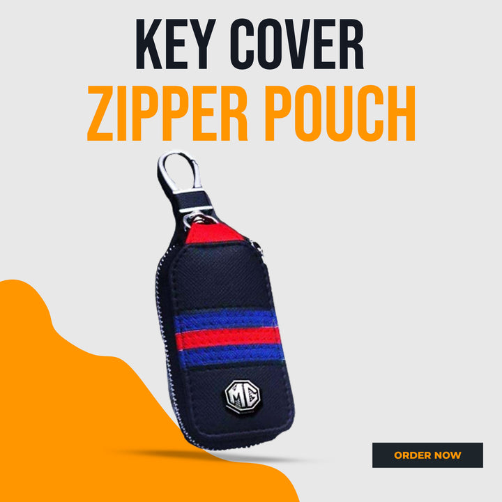 MG Zipper Jeans Key Cover Pouch Black With Red Blue Strip Keychain Ring