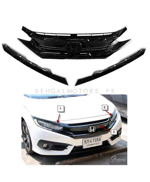 Honda Civic Turbo Grille Piano Black Without Logo 3 Pieces - Model 2016-2021