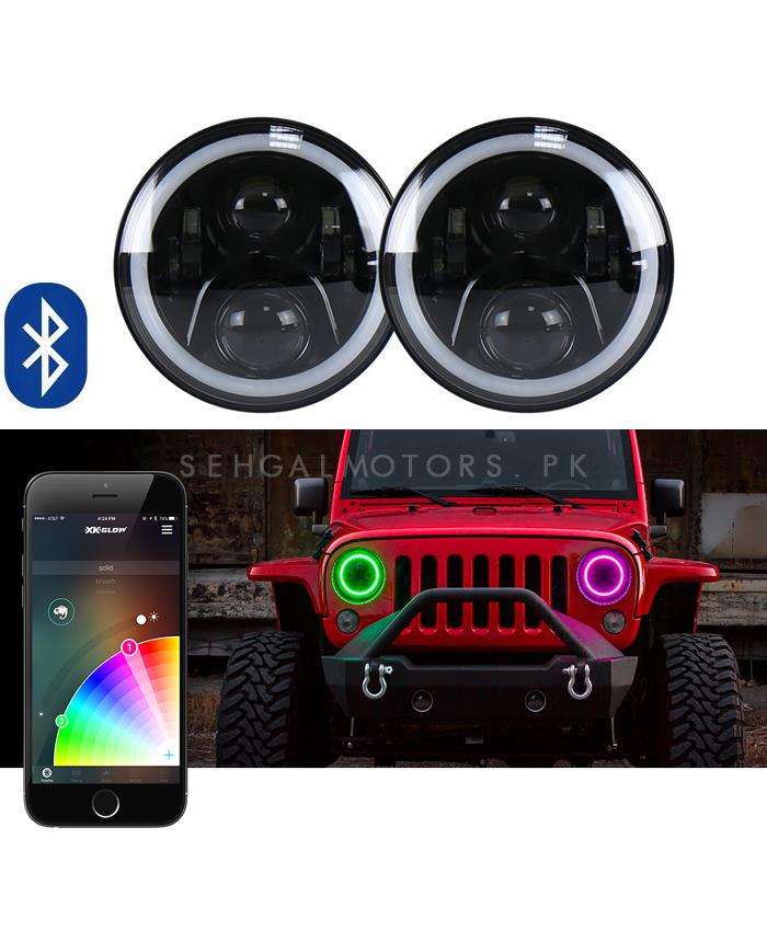 RGB Jeep LED Headlights / Head Lamps Round Shape with Bluetooth 7 Inches - Pair