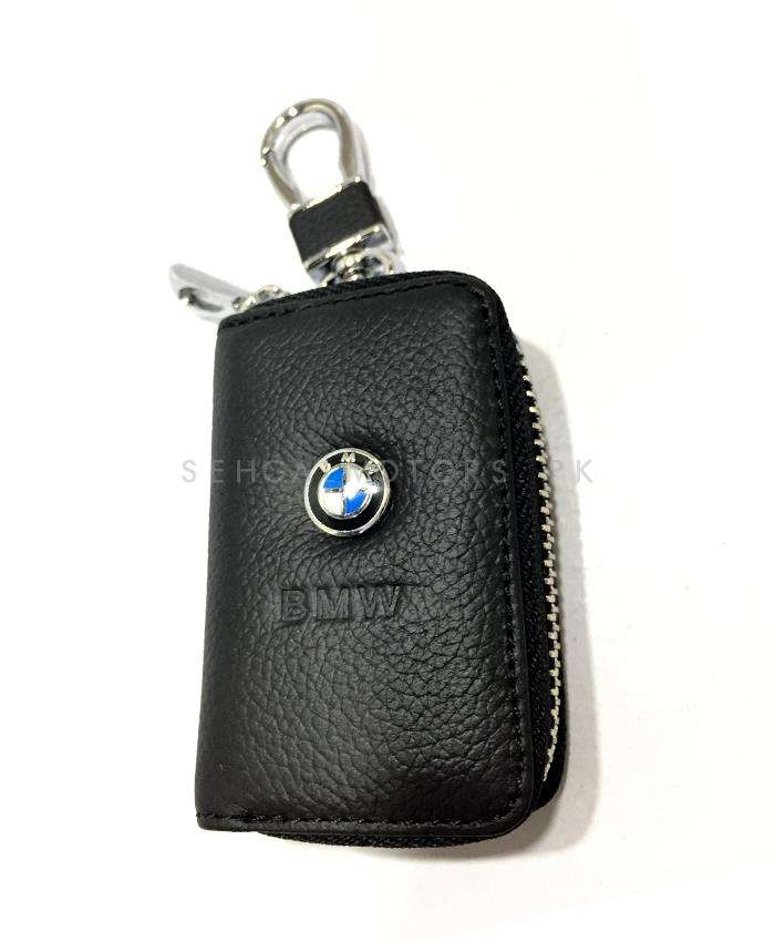 BMW Zipper Matte Leather Key Cover Pouch Black with Keychain Ring