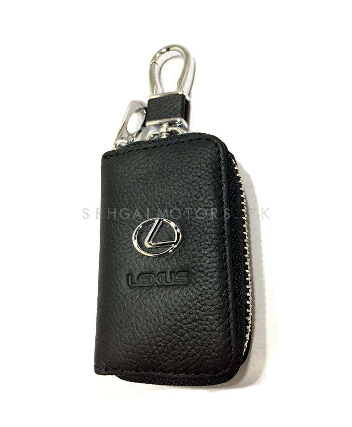 Lexus Zipper Matte Leather Key Cover Pouch Black with Keychain Ring