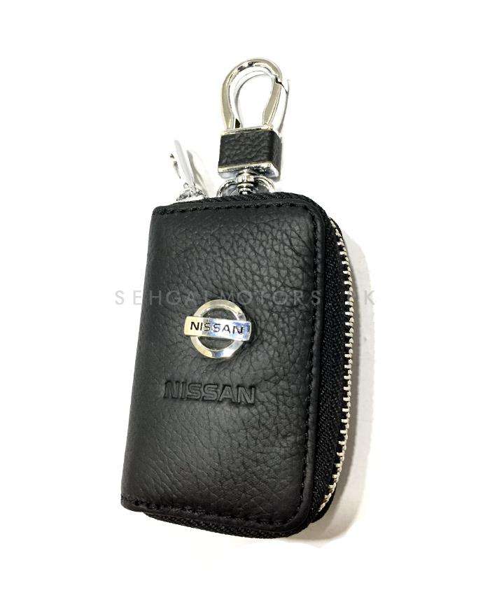 Nissan Zipper Matte Leather Key Cover Pouch Black with Keychain Ring