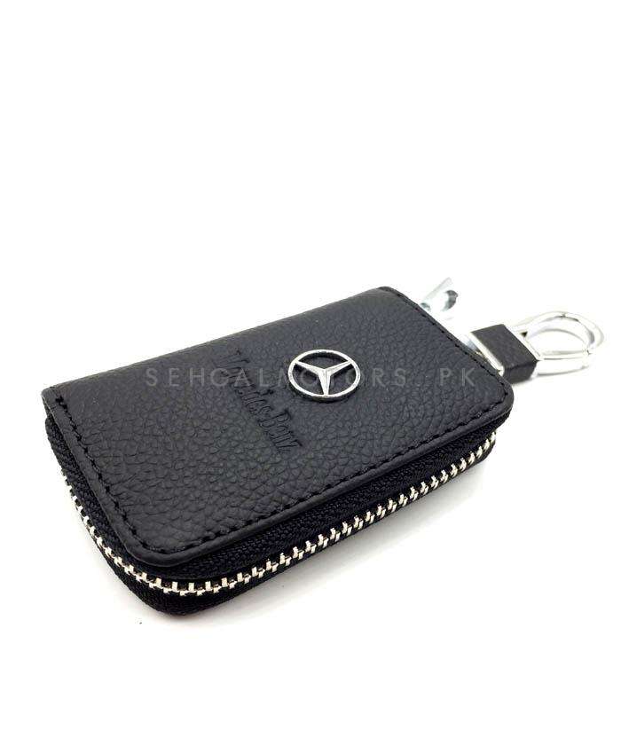 Mercedes Benz Zipper Leather Key Cover with Keychain Keyring