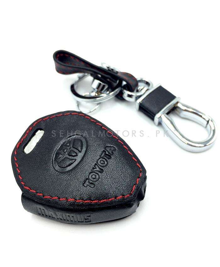 Toyota Corolla Leather Key Cover 3 Button with Key Chain Ring Black - Model 2009-2014