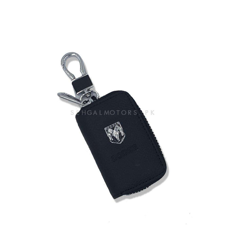 Dodge Zipper Matte Leather Key Cover Pouch Black with Keychain Ring