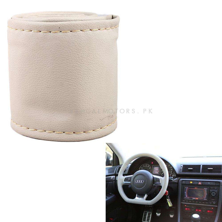 Maximus Chinese Rexine Car Steering Anti Non Slip Wheel Cover Beige Stitch