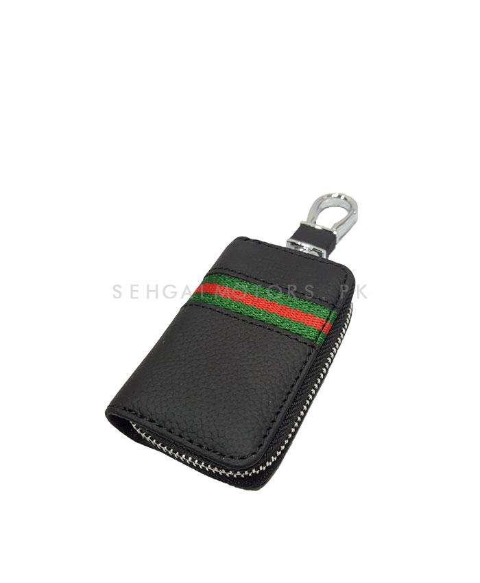 Universal Zipper Matte Leather Key Cover Pouch Black with Keychain Ring