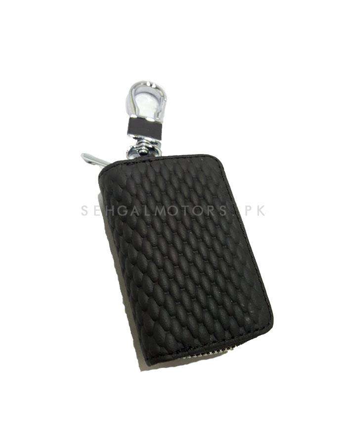 Universal Grass Zipper Matte Leather Key Cover Pouch Black with Keychain Ring