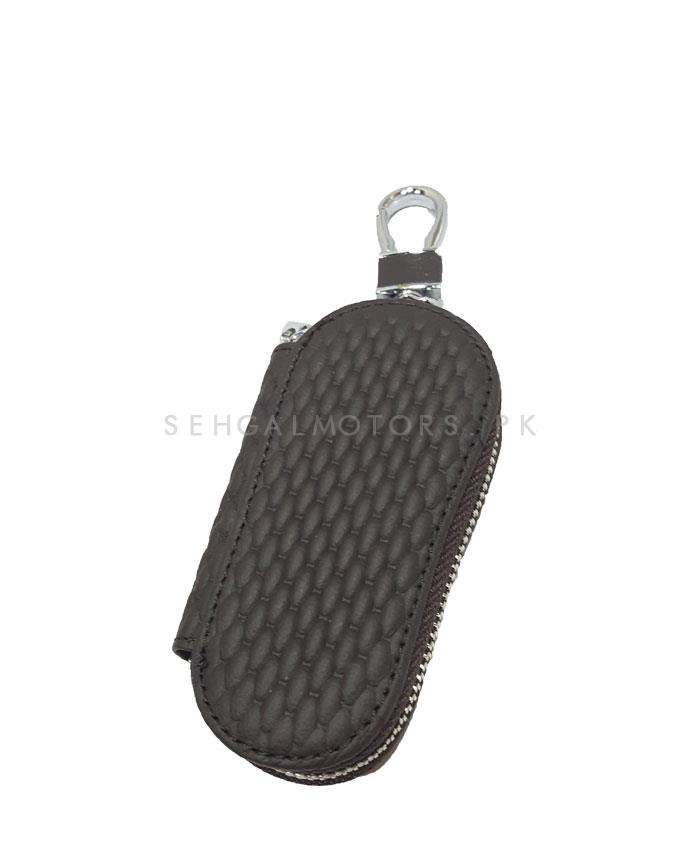 Universal Zipper Leather Key Cover Round Shape Brown