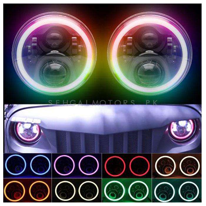 RGB Jeep LED Headlights / Head Lamps Round Shape with Bluetooth 7 Inches - Pair