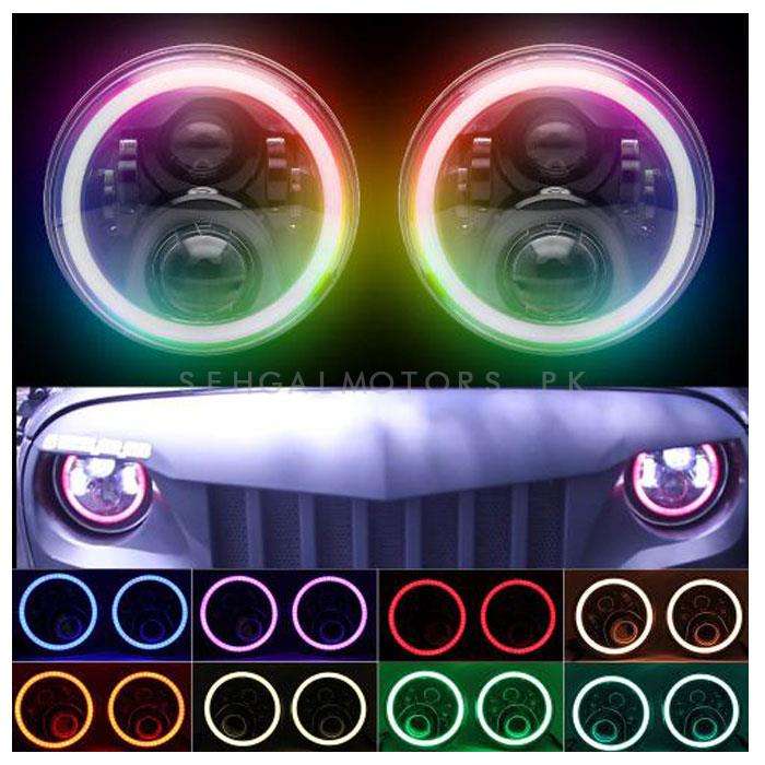 RGB Jeep LED Headlights / Head Lamps Round Shape 7 Inches - Pair