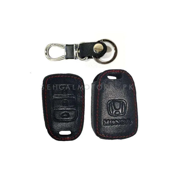 Honda BRV Leather Key Cover 3 Button with Key Chain Ring Black - Model 2017-2019