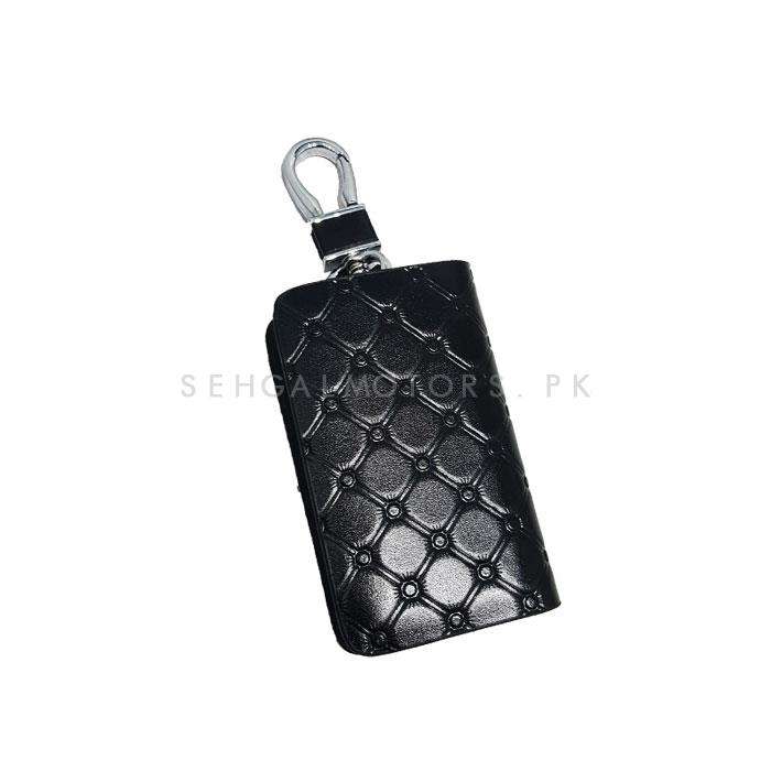 Universal Diamond Style Zipper Matte Leather Key Cover Pouch Black with Keychain Ring