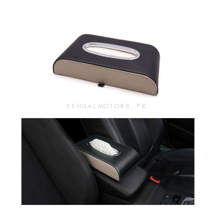 Car Tissue Holder Case Box Black and Beige with White Stitch