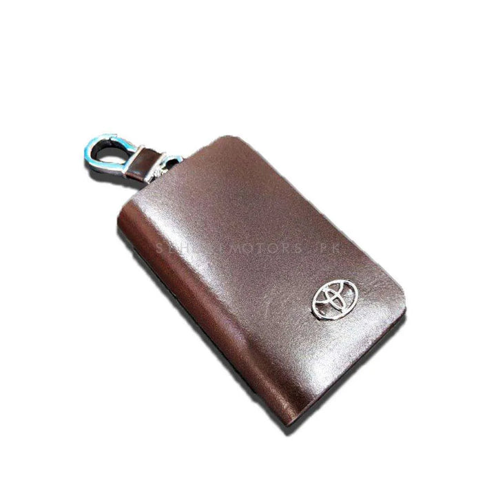 Toyota Zipper Glossy Leather Key Cover Pouch Brown with Keychain Ring