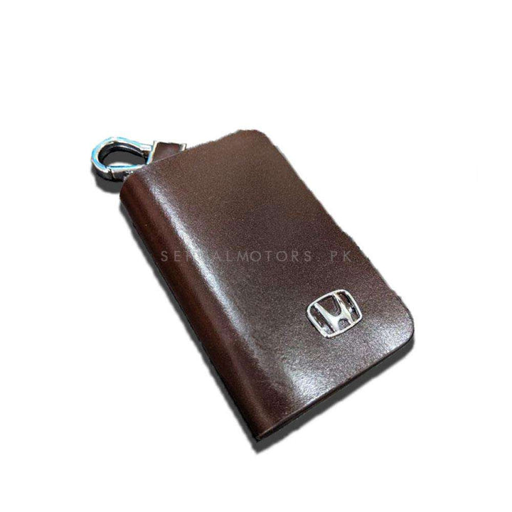 Honda Zipper Glossy Leather Key Cover Pouch Brown with Keychain Ring