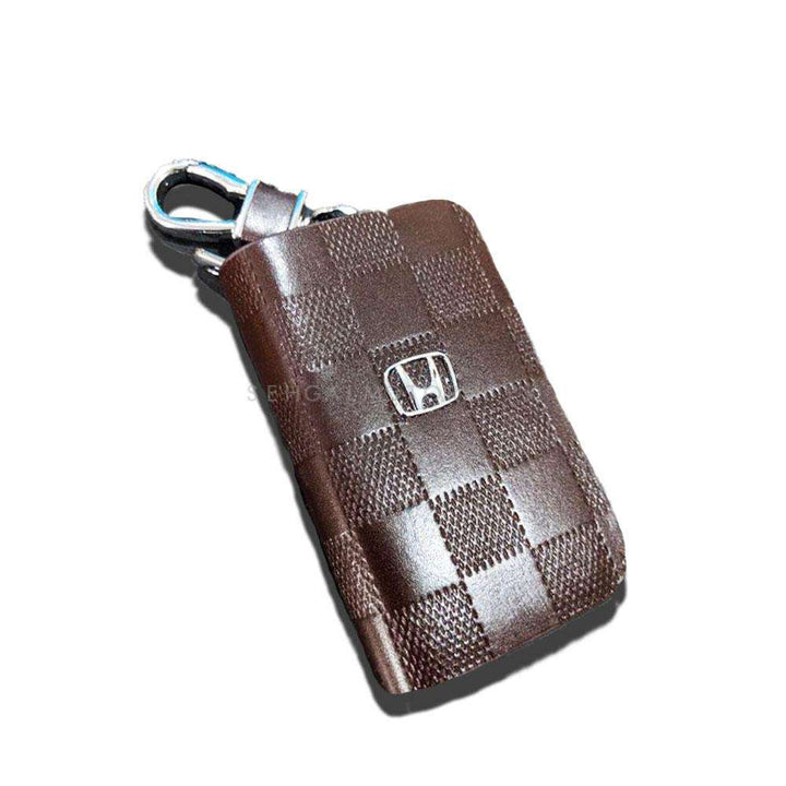 Honda Embossed Zipper Glossy Leather Key Cover Pouch Brown with Keychain Ring