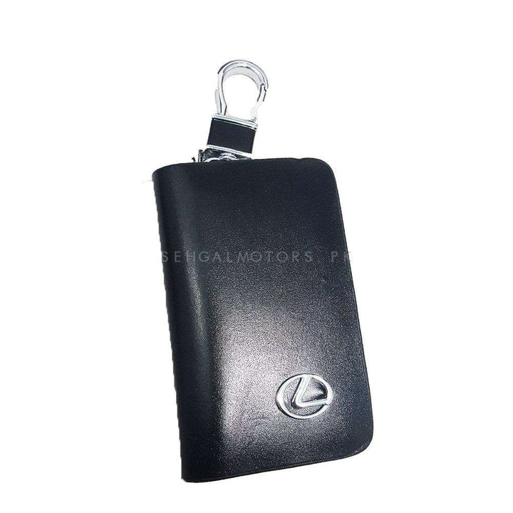 Lexus Zipper Glossy Leather Key Cover Pouch Black with Keychain Ring