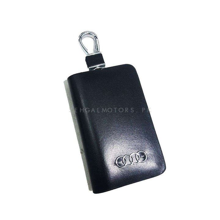 Audi Zipper Glossy Leather Key Cover Pouch Black with Keychain Ring
