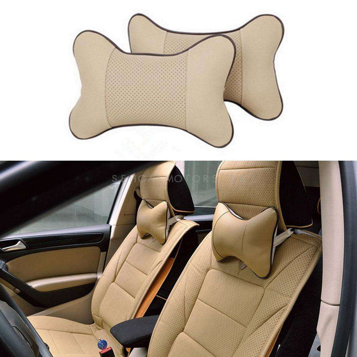 Car Leather Neck Rest Headrest Pillow Cushion Super Soft Memory Foam Beige - Pair