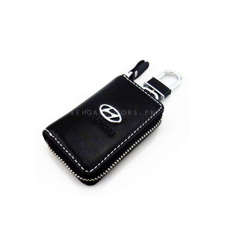 Hyundai Zipper Matte Leather Key Cover Pouch Black with Keychain Ring
