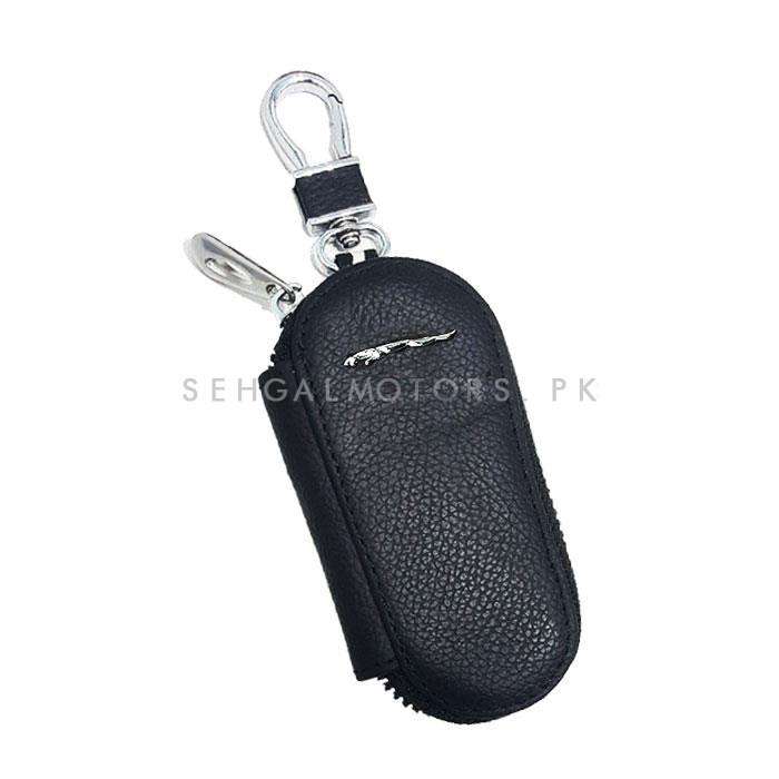 Jaguar Zipper Matte Leather Key Cover Pouch Black with Keychain Ring