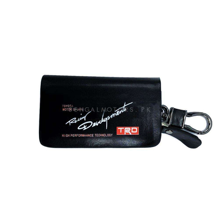 TRD Power Zipper Glossy Leather Key Cover Pouch Black with Keychain Ring