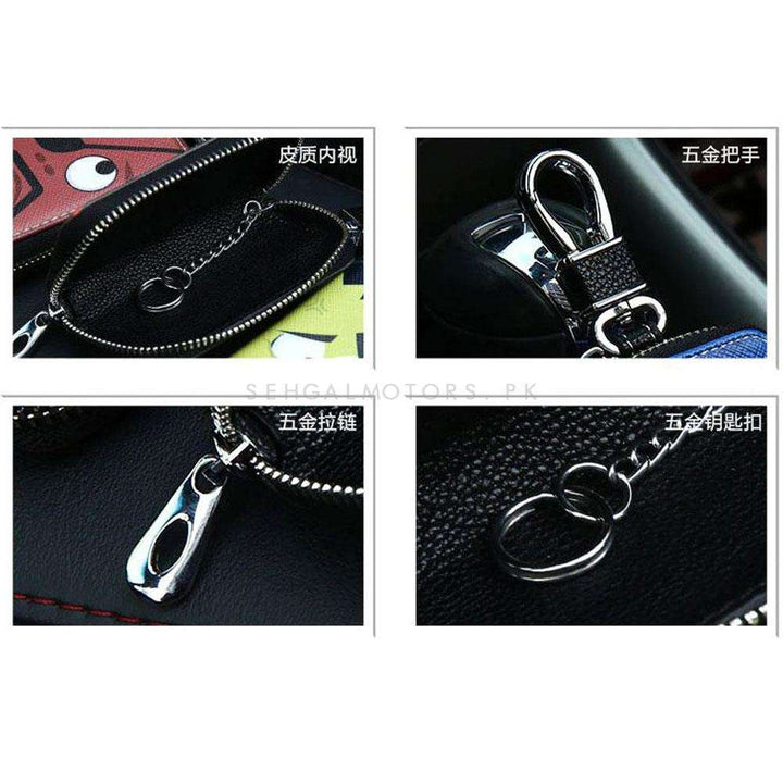 TRD Power Zipper Glossy Leather Key Cover Pouch Black with Keychain Ring