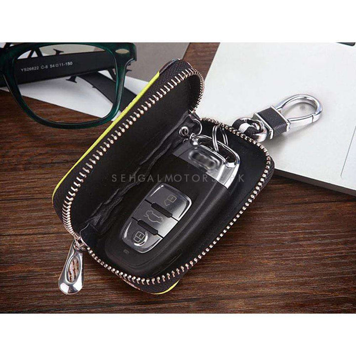 Universal Zipper Matte Leather Key Cover Pouch Beige with Keychain Ring