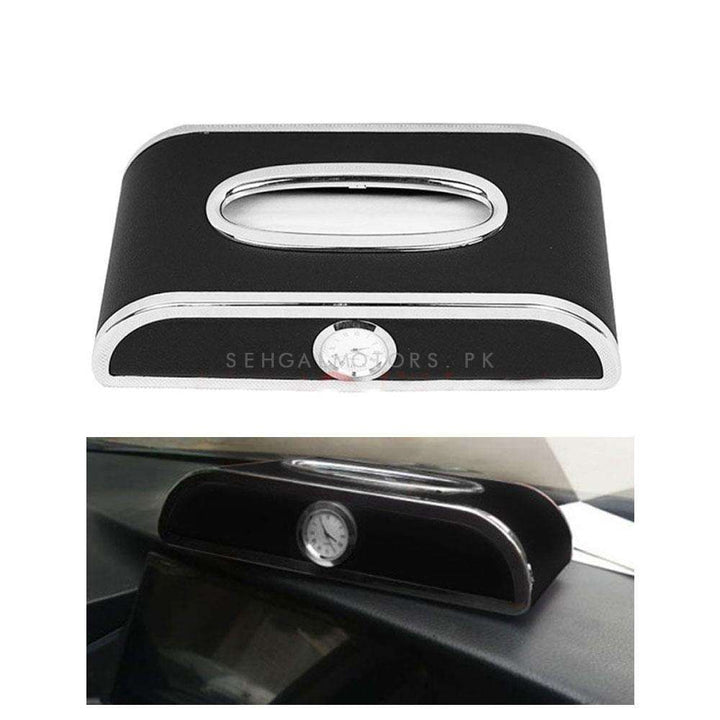 Premium Luxury Car Tissue Holder Case Box With Clock - Black With Chrome