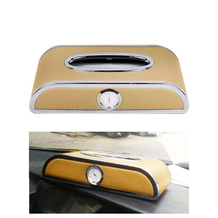 Premium Luxury Car Tissue Holder Case Box With Clock - Beige With Chrome