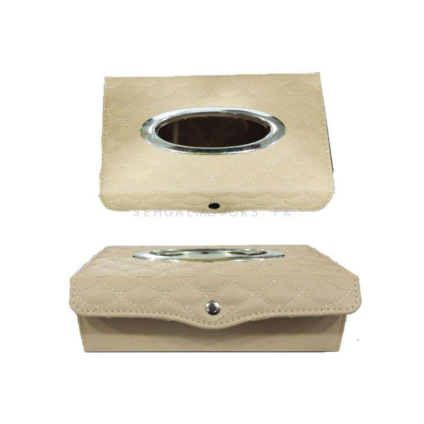 Premium Luxury Car Tissue Holder Case Box With Thread Design - Beige