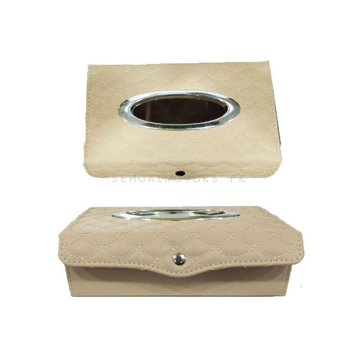 Premium Luxury Car Tissue Holder Case Box With Thread Design - Beige